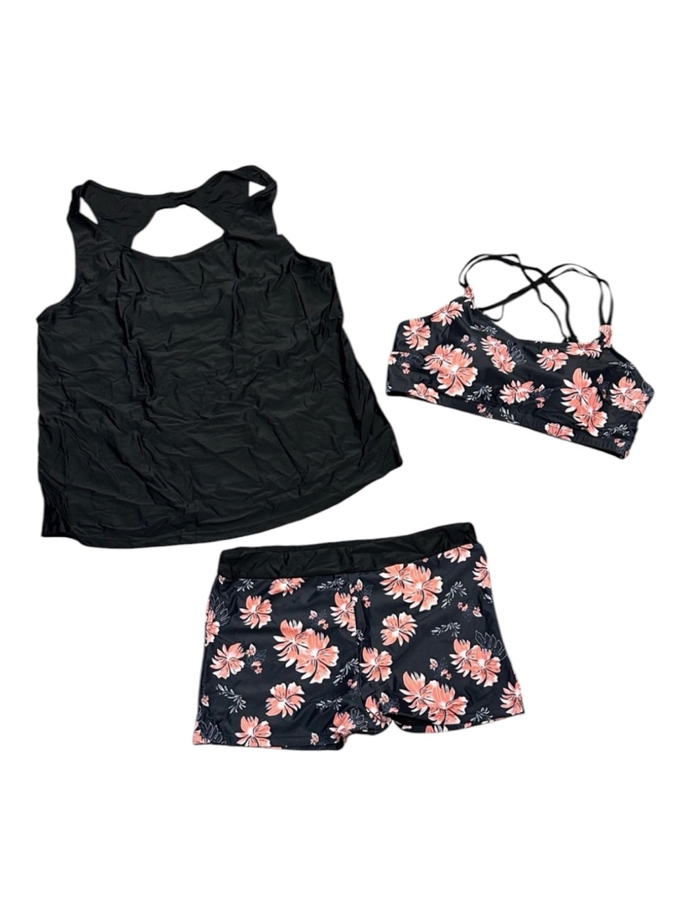 3-Piece Tanking, Bra, and Swim Shorts Bathing Suit Floral Pink Black 2XL NWOT